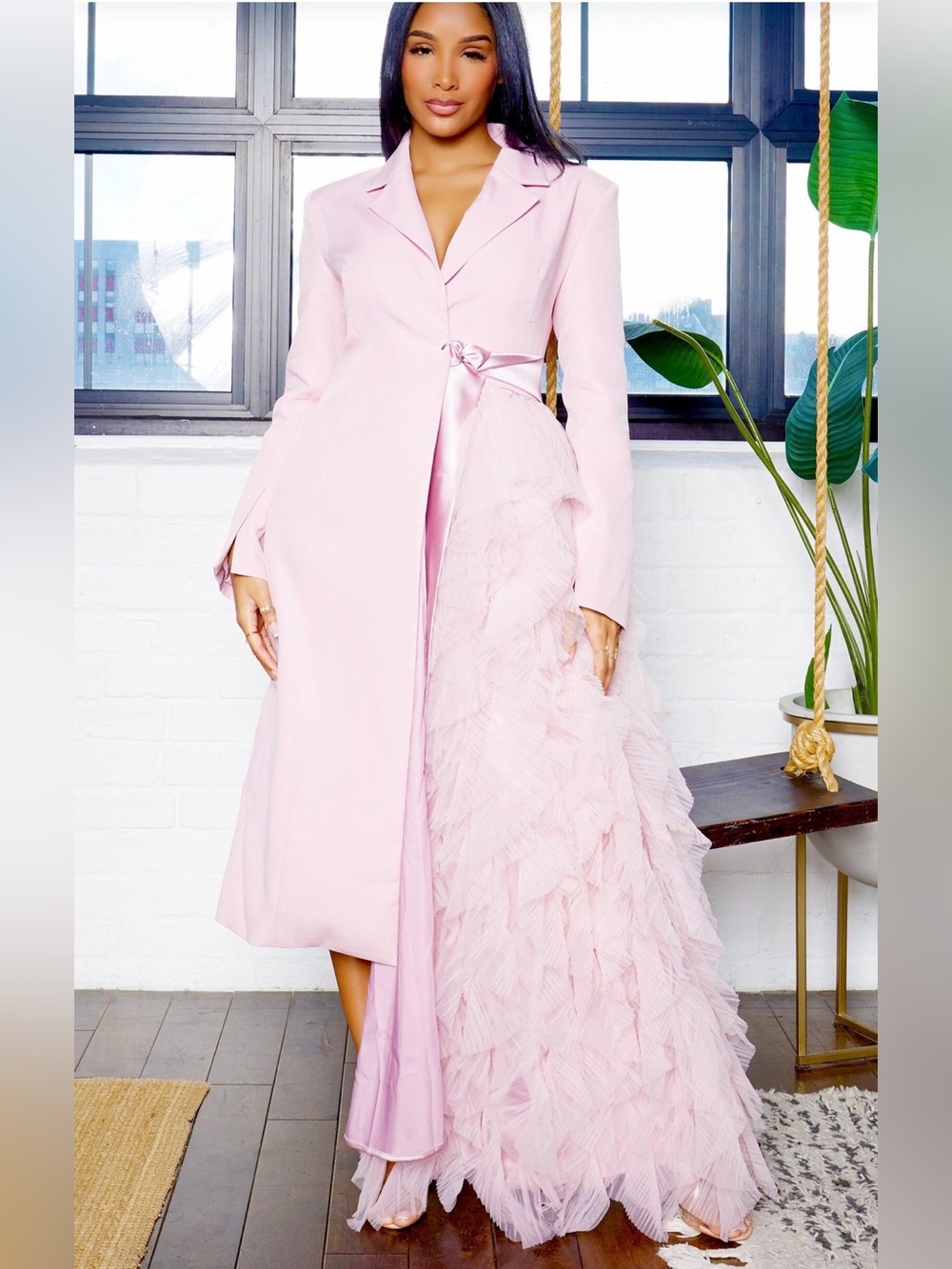 Blush Pink Tulle Ruffle Blazer Dress